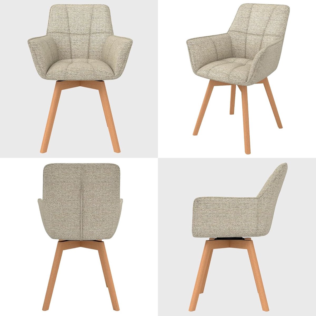 Eetkamerstoelen Set van 6 – 47 x 61 x 88 cm – 360° Draaibaar – Fluwelen Bekleding – Ergonomische Stoelen met Armleuningen en Houten Poten – Kaki – Mobili Bella