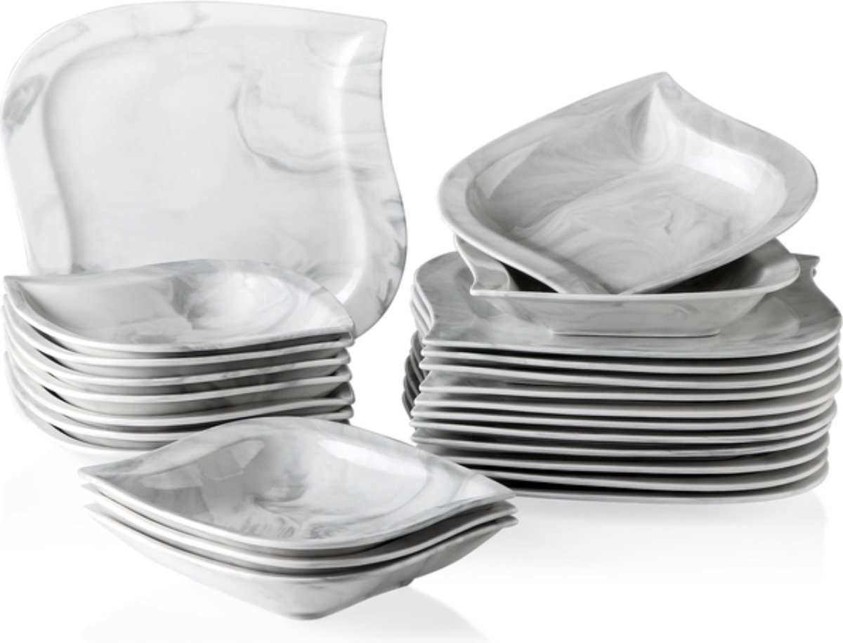 Serviesset 12 Persoons Marmer - Marmer, Porselein en 24 Delig - Voor Diner, Keuken, Dagelijks Gebruik en Ontbijt
