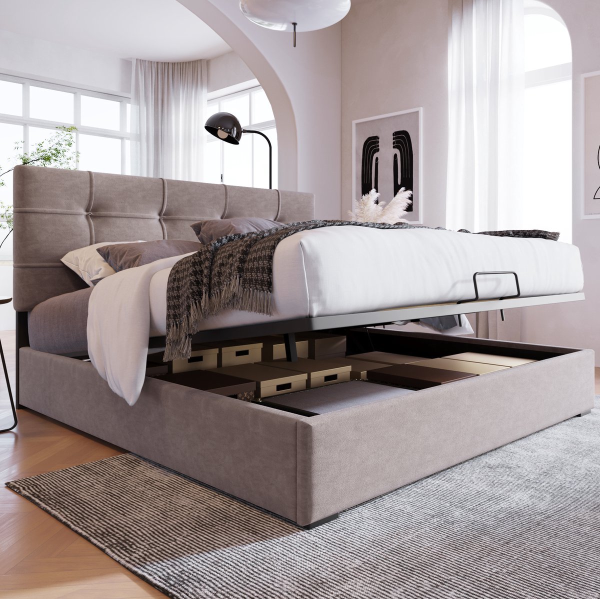 MEUNIQ tweepersoons bedframe 140x200 cm met opbergruimte, verstelbaar hoofdbord, lattenbodem, metalen frame en velvet stof voor slaapkamer, lichtgrijs