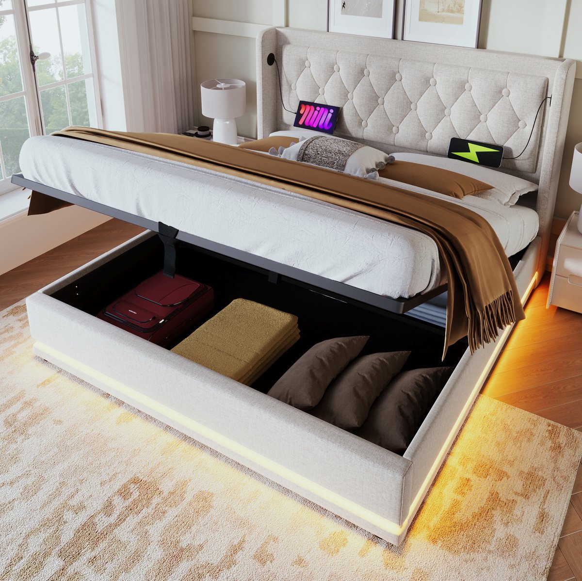 MEUNIQ gestoffeerd tweepersoonsbed 140x200 cm met hydraulische opbergruimte, LED-verlichting aan 3 zijden, USB en Type-C in hoofdbord, beige slaapkamerbed