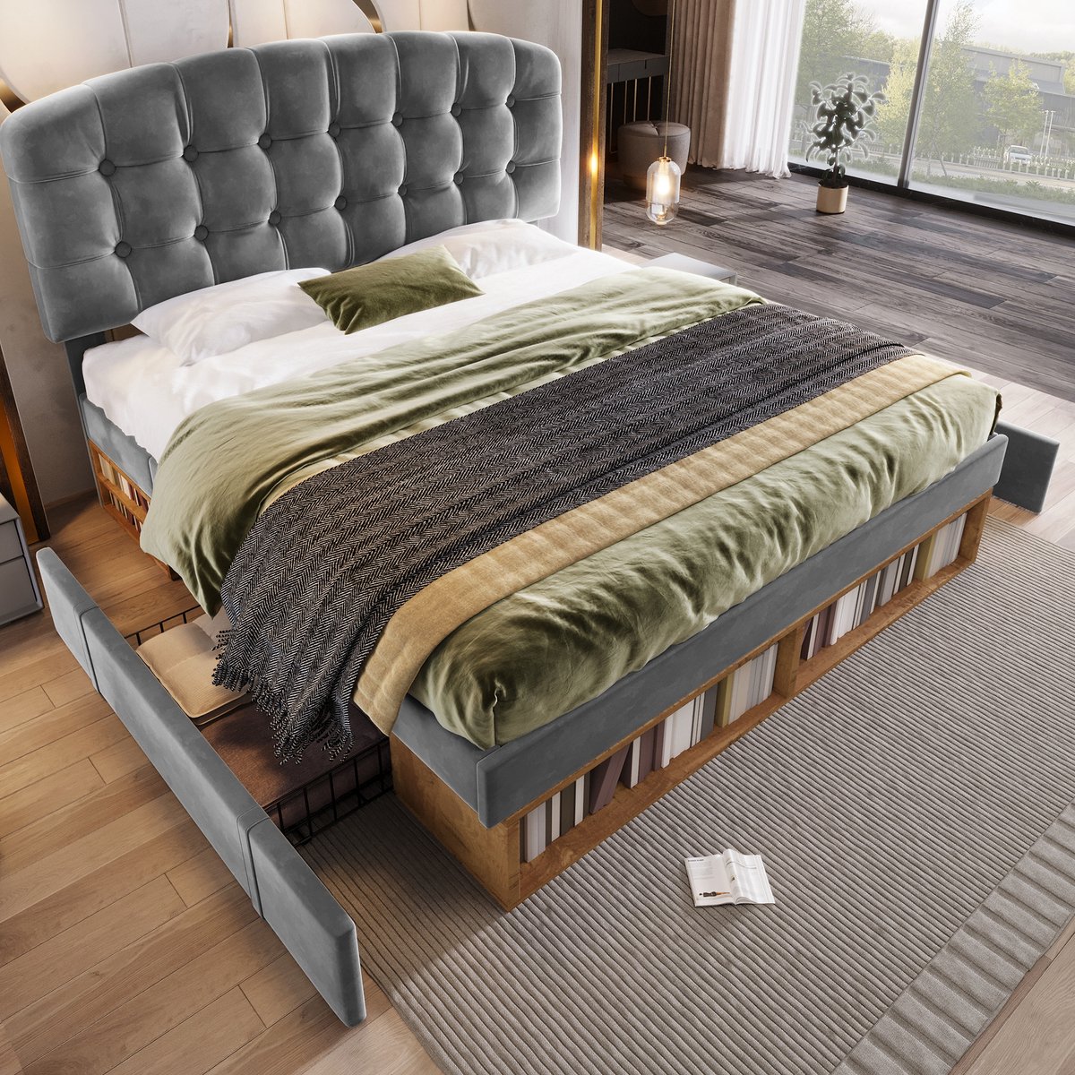 MEUNIQ tweepersoons bed 140x200 cm met lattenbodem, 3-voudig verstelbaar hoofdbord, lades en opbergruimte, gestoffeerd bed voor slaapkamer, grijs