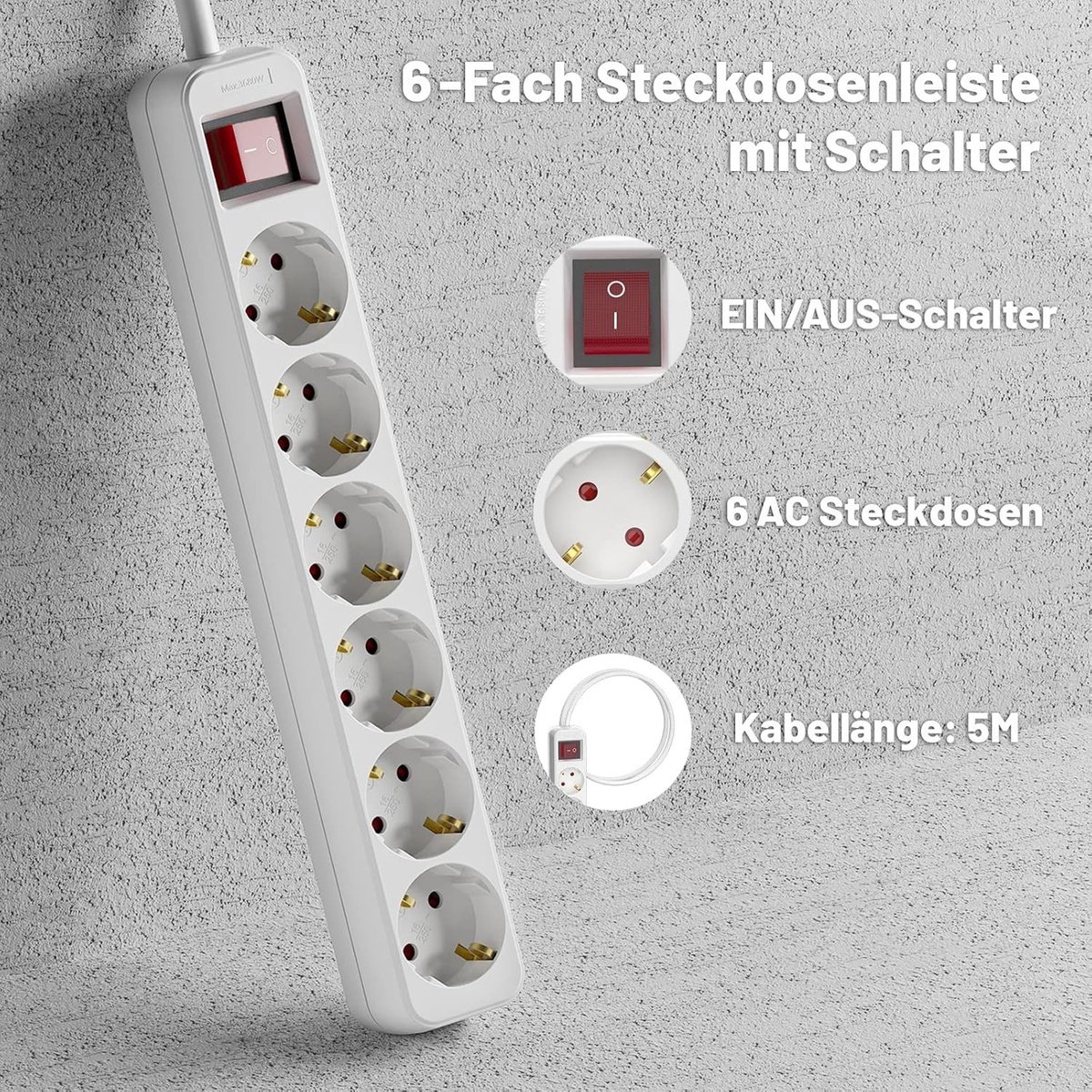 Stekkerdoos - Vuurvast Kunststof - 6-Voudig met Schakelaar - 5 m Kabel - Voor Thuis en Kantoor