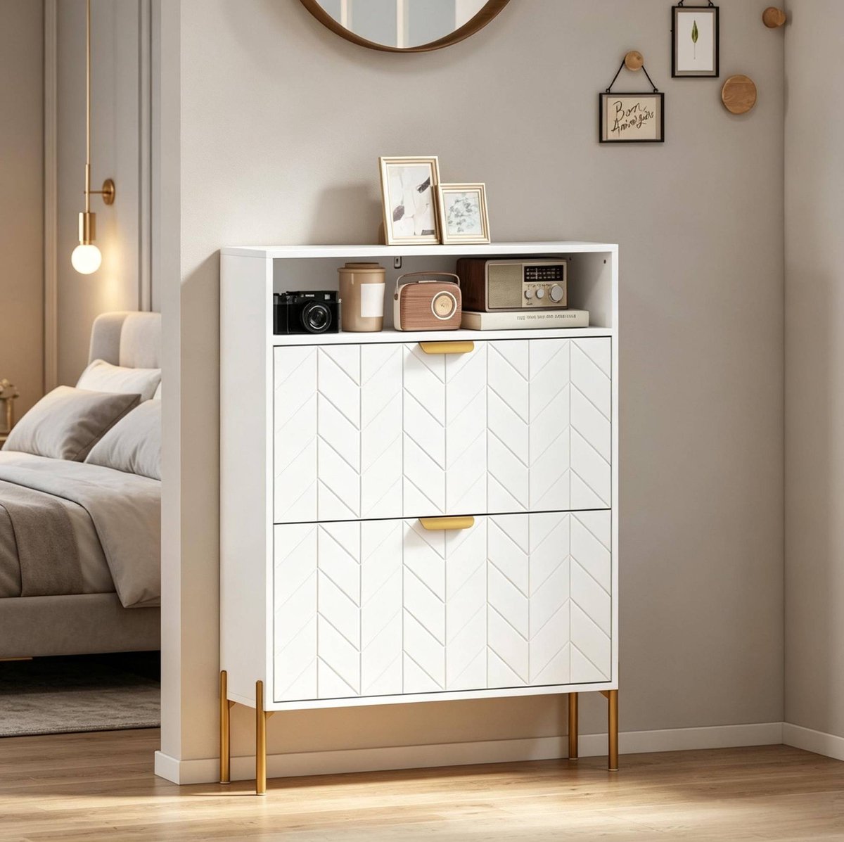 OKWISH Schoenenkast - Smal Model Met 2 Kleppen En Open Vak - Voor Hal En Gang - Wit MDF Spaanplaat Metaal - 80 X 23,7 X 110 Cm