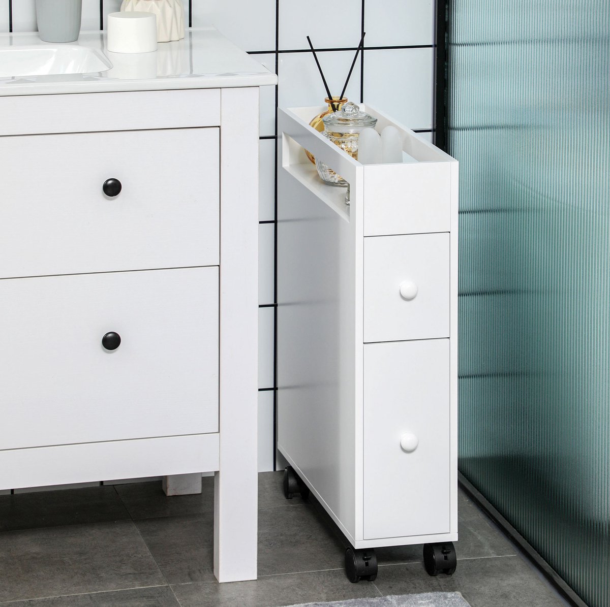 REDOM - Badezimmerschrank - Met 2 lades en open vak - Met wielen en remmen - Modern en compact - Badkamer - MDF - Wit - 16 x 49,5 x 66 cm