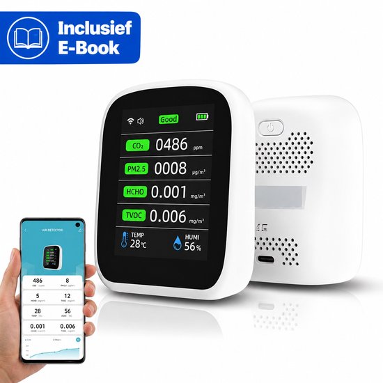 Witte luchtkwaliteitsmeter met digitaal display, toont CO2, PM2.5, HCHO, TVOC, temperatuur en luchtvochtigheid. Inclusief e-book.