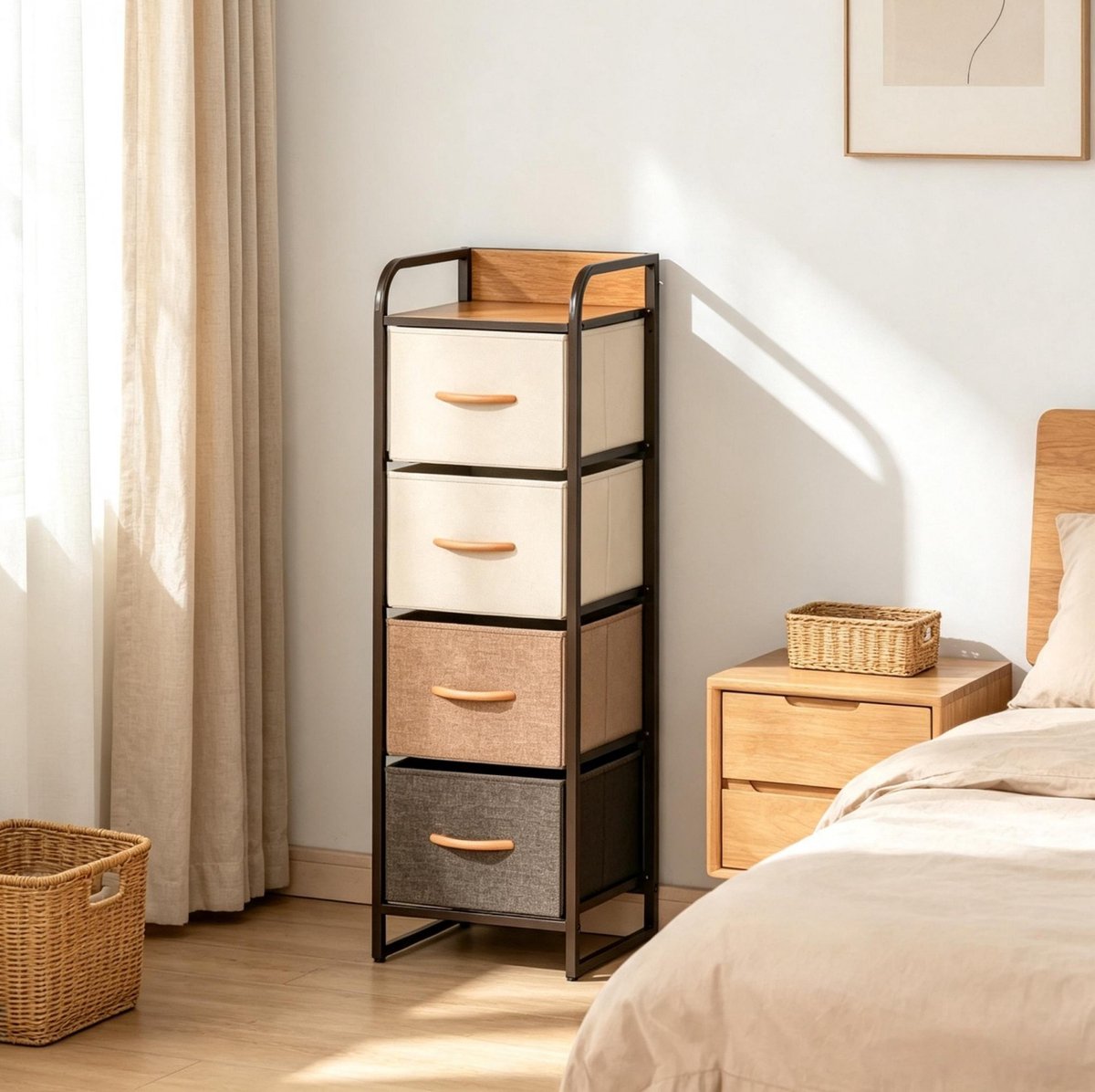 OKWISH Ladekast - Smal Opbergmeubel Met 4 Opvouwbare Stoffen Laden - Voor Slaapkamer Of Hal - MDF En Staal Beige Bruin - 31x29x99 cm