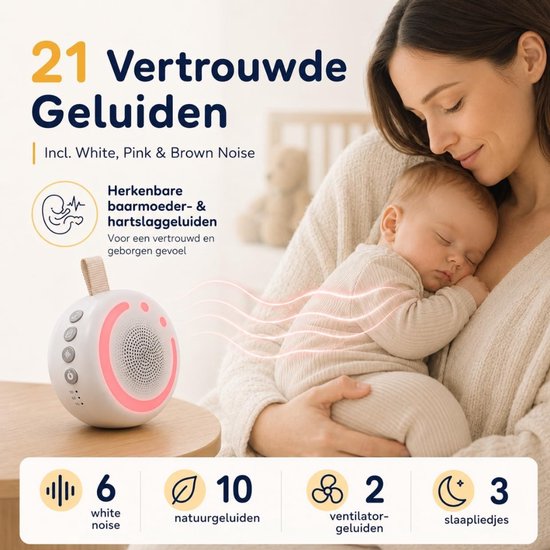 Verte White Noise Machine - Met Nachtlampje - 21 Rustgevende Geluiden - Slaaphulp Voor Baby’s - Timer En Instelbaar Volume - Draagbaar En Oplaadbaar Via USB-C Voor Tot Wel 18 Uur van Verte — afbeelding 3