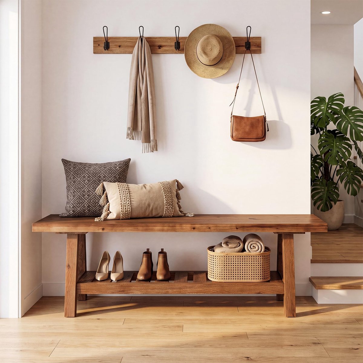 LITTLE TREE Schoenenbank Van Massief Hout - 140 cm - Met Opbergplank - Landhuis Stijl - Voor Hal En Slaapkamer - Bruin