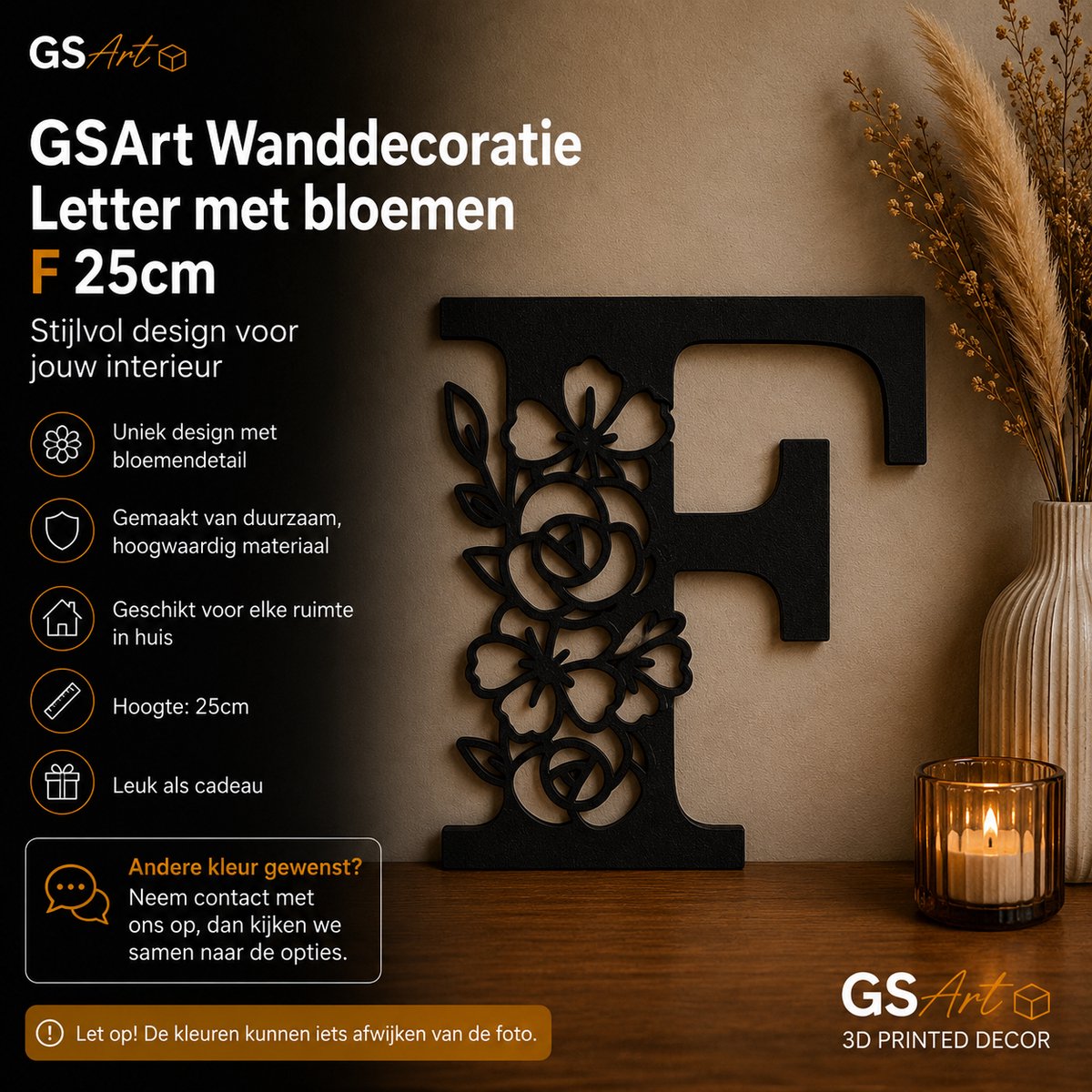 GSArt Wanddecoratie Letter met Bloemen – 25 cm - F