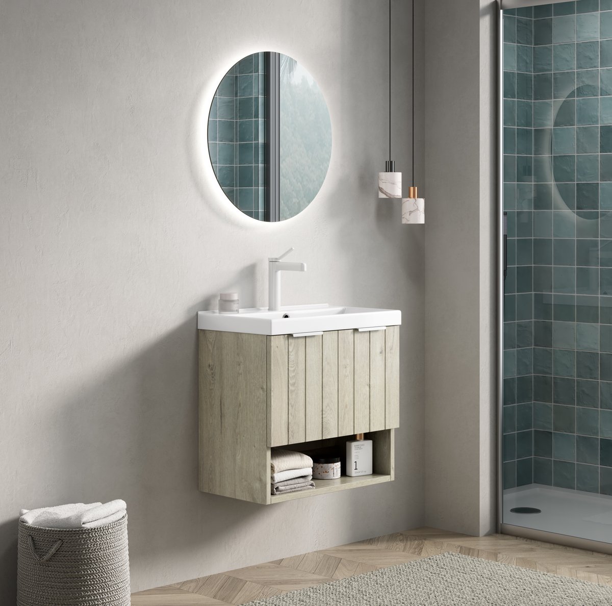 OKWISH Badkamermeubel - Wandhangend Met Keramische Wastafel - 55 cm - 2 Deuren En Open Vak - Multiplex Off White En Wit
