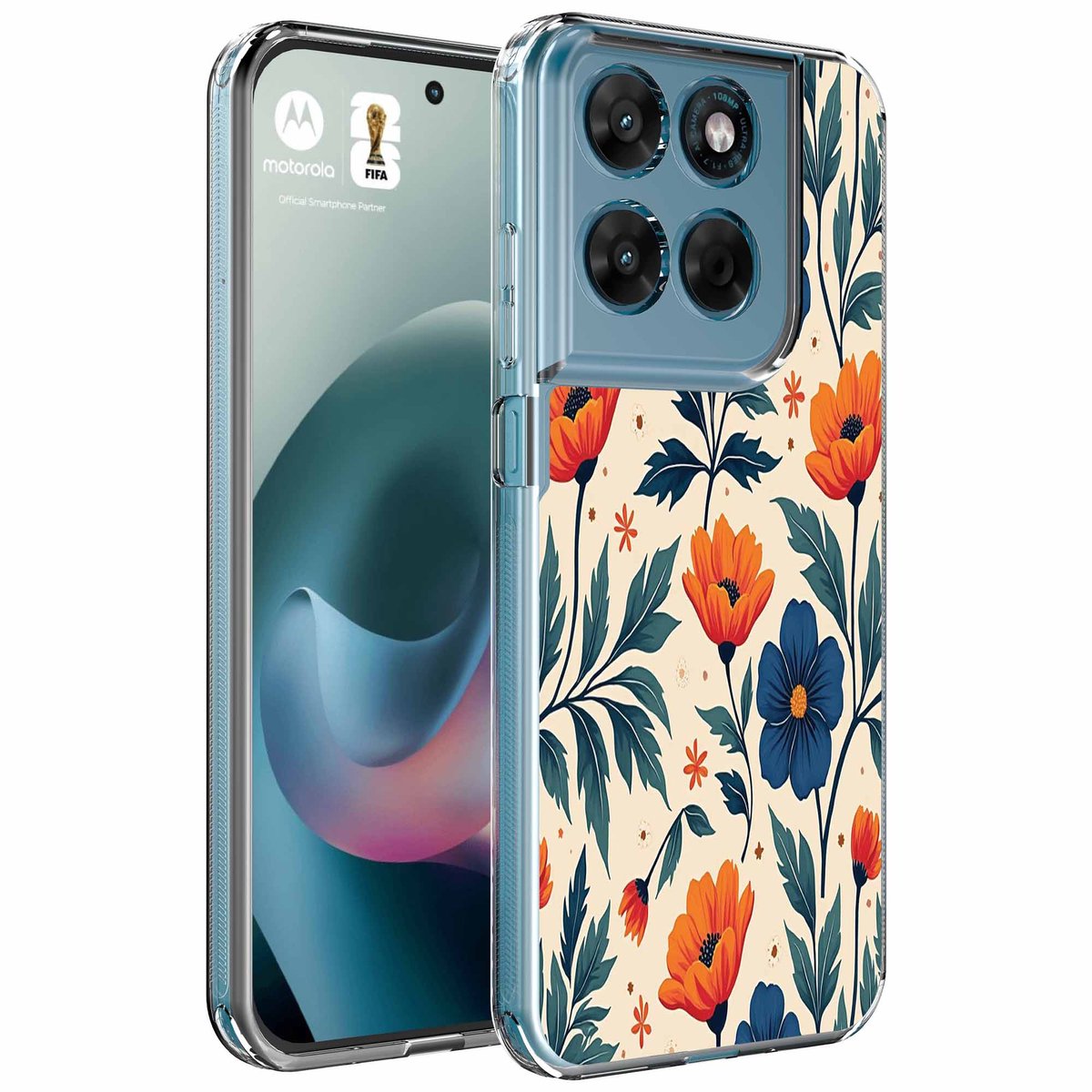 Smartphonica Geschikt voor Motorola Moto G77 Telefoonhoesje met Rode en Blauwe Bloemen opdruk - Draadloos op te laden - Shockproof Siliconen TPU Strong Case - Sterk Schokbestendig Telefoonhoesje geschikt voor Motorola Moto G77