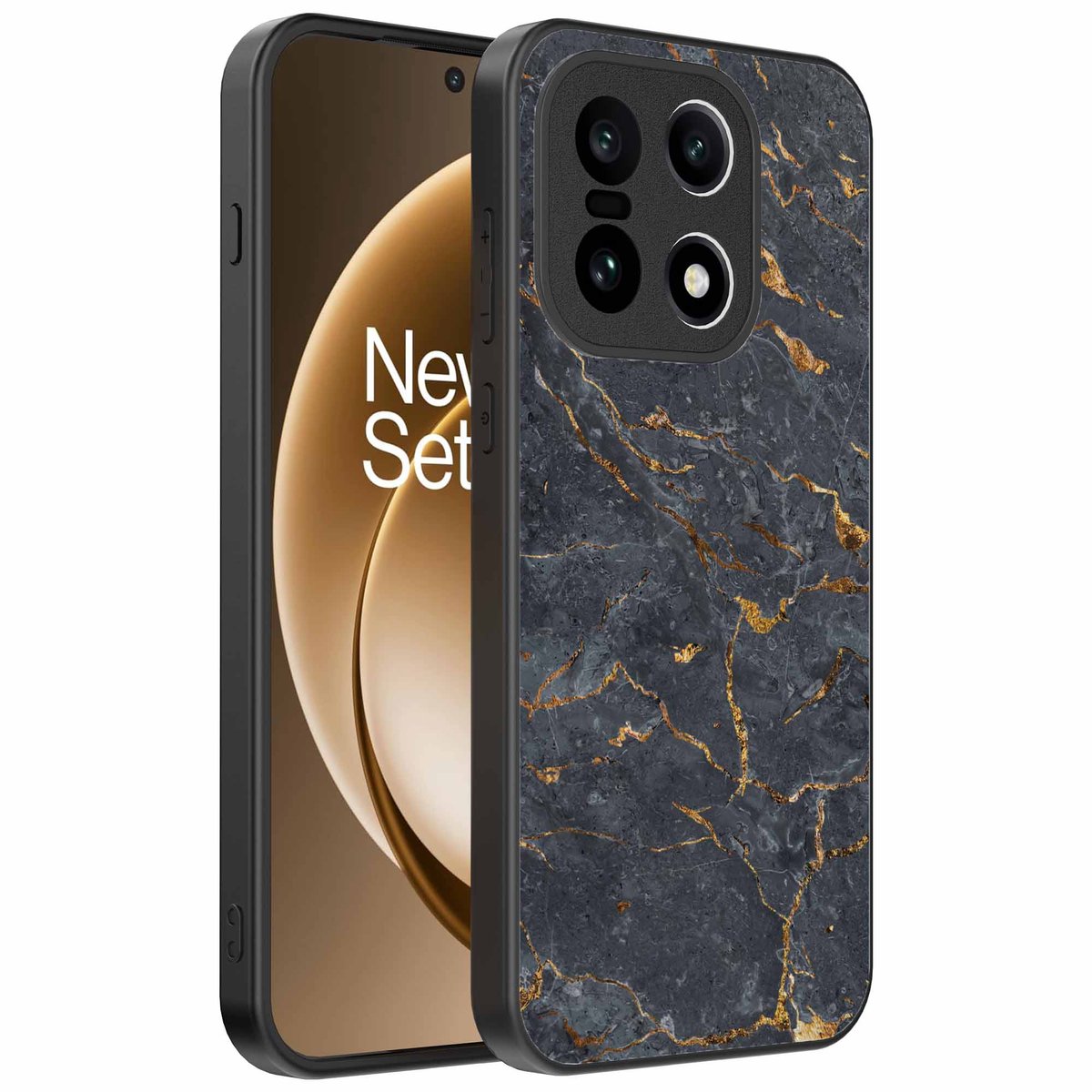 Geschikt voor OnePlus 15 Telefoonhoesje met Grijs Goud Marmer Opdruk - TPU Backcover Case Grey Gold Marble Design - Zwart - Smartphonica geschikt voor OnePlus 15