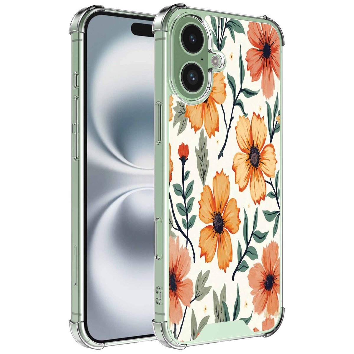 Smartphonica Geschikt voor iPhone 16 Plus Telefoonhoesje met Oranje Bloemen opdruk - Draadloos op te laden - Shockproof Siliconen TPU Strong Case - Sterk Schokbestendig Telefoonhoesje geschikt voor iPhone 16 Plus