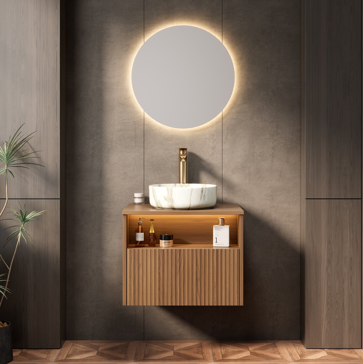 OKWISH Badkamermeubel Met Wastafel - Wandhangend 60 x 46 x 45 cm - Met Lade En Open Vak - Sensorverlichting - Keramiek En Houtlook Bruin Wit