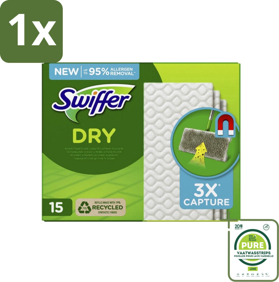 1 x Swiffer Dry - Vloerdoekjes - Navulling - Gerecyclede Fibers - 15 Doekjes - Stofzuiger - Stofdoekjes - Vloeren Schoonmaken - Meubels Schoonmaken - Stof Verwijderen