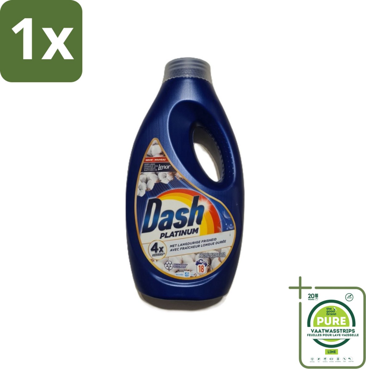 1 x Dash Platinum - Lenor Collectie - Vloeibaar Wasmiddel - Witte en Gekleurde Was - 18 Wasbeurten - Wasmiddel - Vloeibaar Wasmiddel - Wasverzachter - Katoen Geur - Langdurige Frisheid