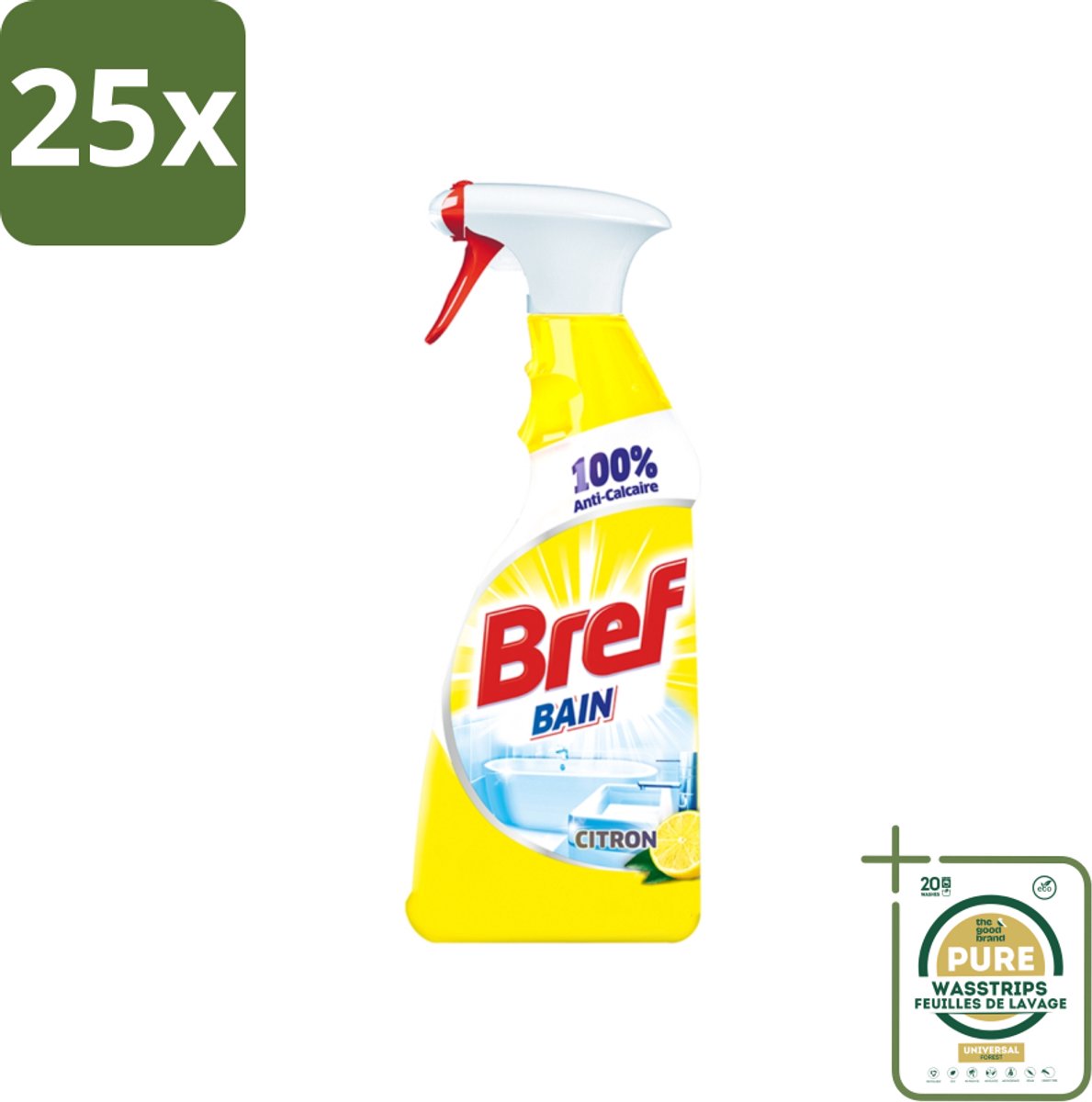 25 x Bref - Badkamerreiniger - Spray - Anti-Kalk - Citroen - 750 ml - Grootverpakking - Badkamer Reiniger - Kalkbestrijder - Zeep En Vuil Verwijderen - Citroenspray - Badkamer Reinigen