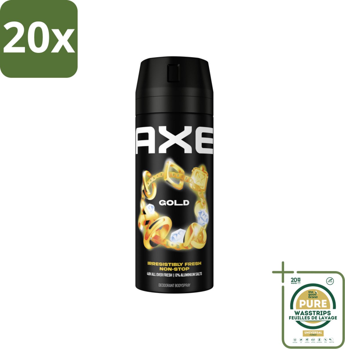 20 x Axe - Deodorant Bodyspray - 48hrs Fresh - Gold - Oud Wood & Fresh Vanilla - 150 ml - Grootverpakking - 48 Uur Geurbeleid - Deodorant Bodyspray - Oud Hout Geur - Donker Vanille - Geurbestrijdende Zinktechnologie