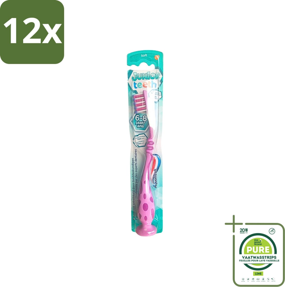 Aquafresh - Junior Teeth Tandenborstel - 6-8 Jaar - Cool Ontwerp - 1 Stuk - Voordeelverpakking - 12 stuks - Tandenborstel voor kinderen - Tandenborstel 6-8 jaar