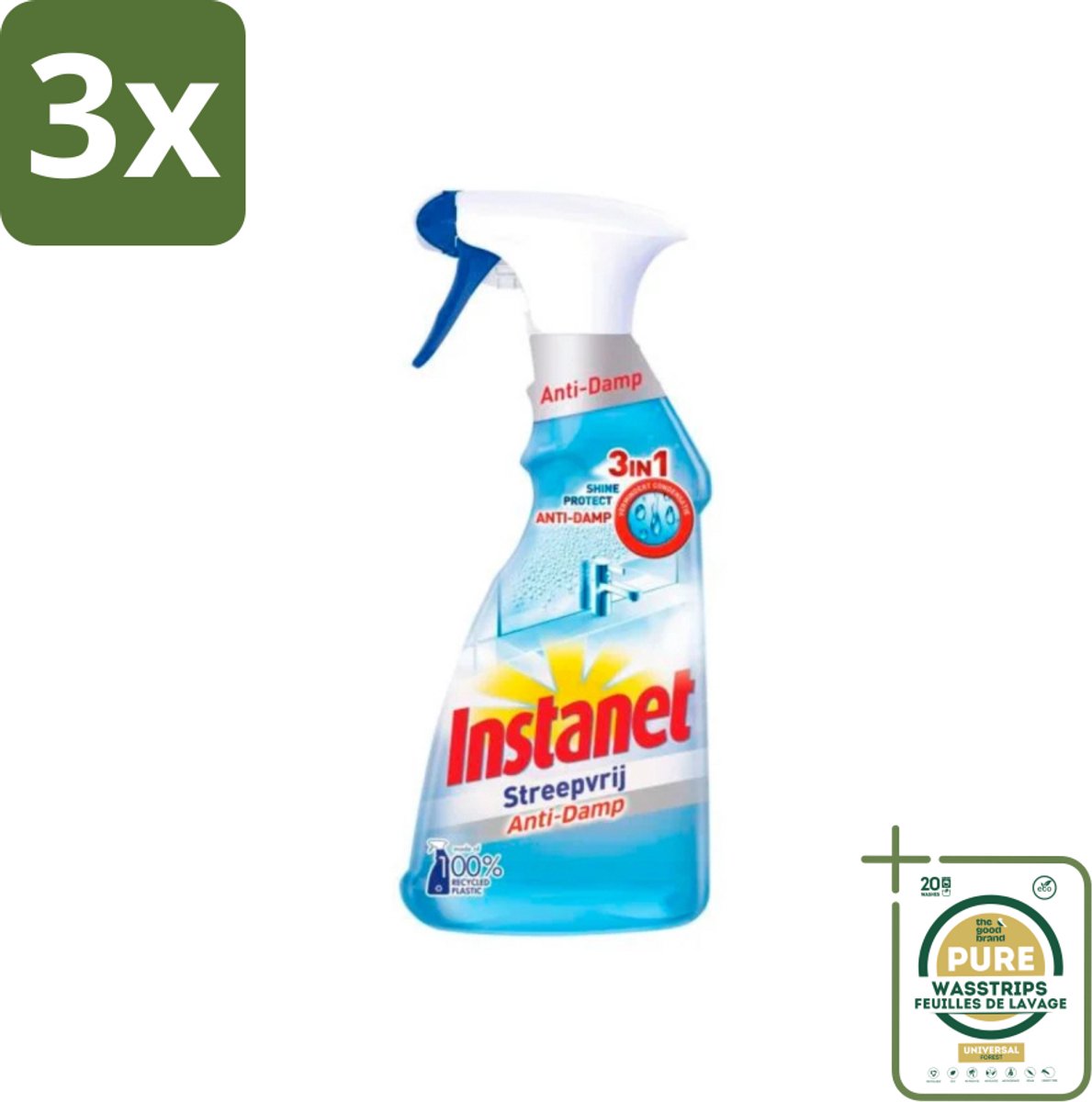 3 x Instanet - Schoonmaakspray - Anti-Damp - Streepvrij - 3in1 - 500 ml - Grootverpakking - Schoonmaak Spray - Anti-damp - Streepvrij - Ramen Reinigen - Glanzend Resultaat