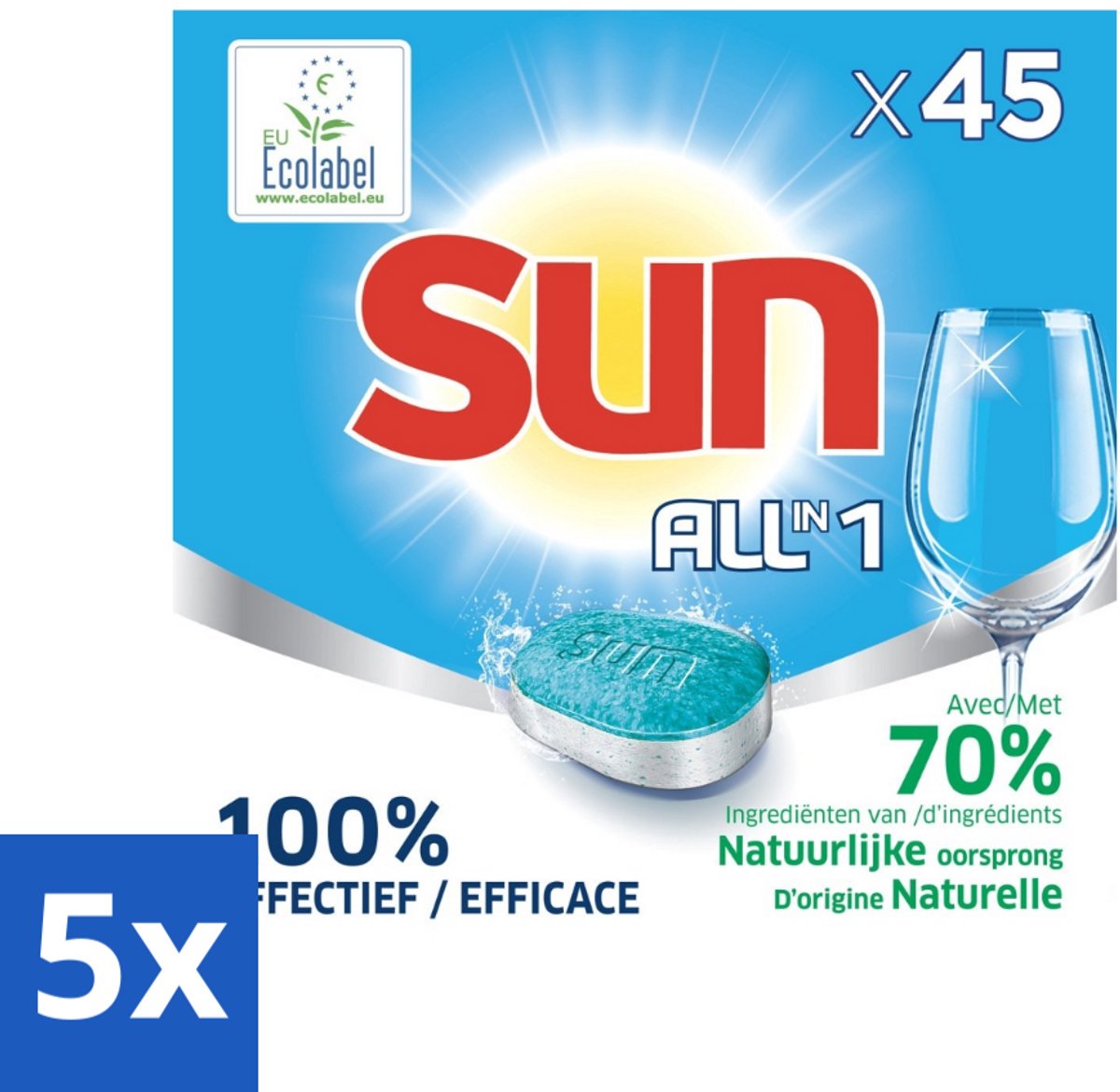 5 x Sun All-in One - Ecolabel - Vaatwastabletten - 45 Tabletten - Vaatwastabletten - Ecolabel - Vaatwasser - Milieuvriendelijk - Vaatwassen