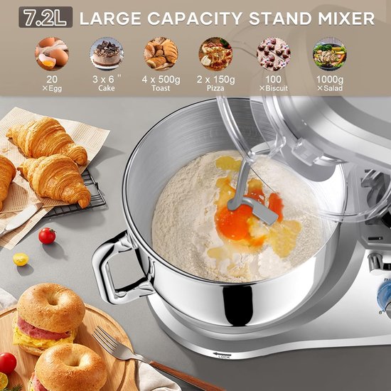 Keukenmachine - Mixer Deegkneedmachine - Bakken en Koken - 6 Snelheden Pulsfunctie - 72 Liter Kom - Zilver — afbeelding 5