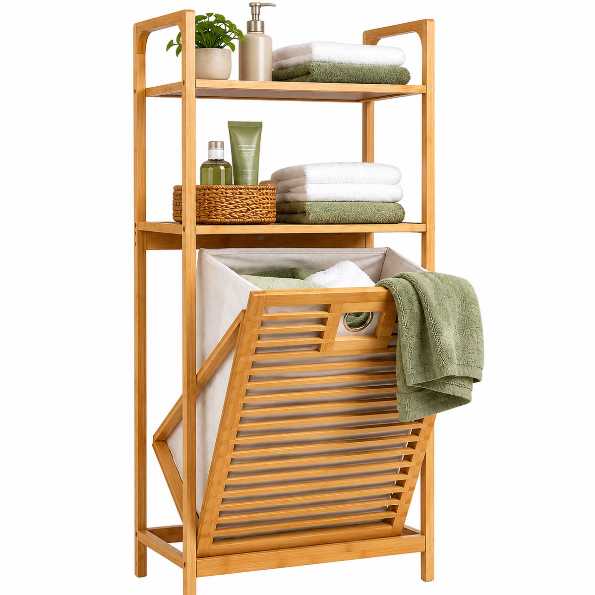 HEM Bamboe Badkamerrek met Wasmand 40x30x95 cm - Wasmandrek met 2 Opbergplanken - Badkamer Organizer - Inclusief Microvezeldoekje