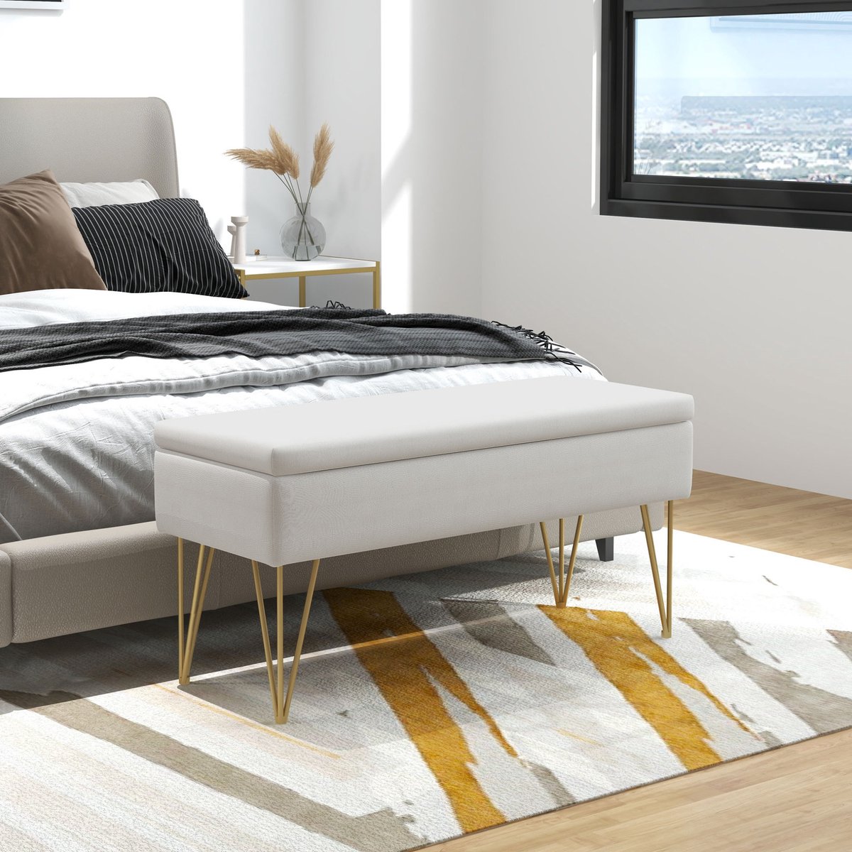 REDOM - Bedbank met opbergruimte - Linnenlook bekleding - Stalen poten - Moderne stijl - Slaapkamer, woonkamer en hal - Polyester - Creme - 100 x 40 x 49 cm