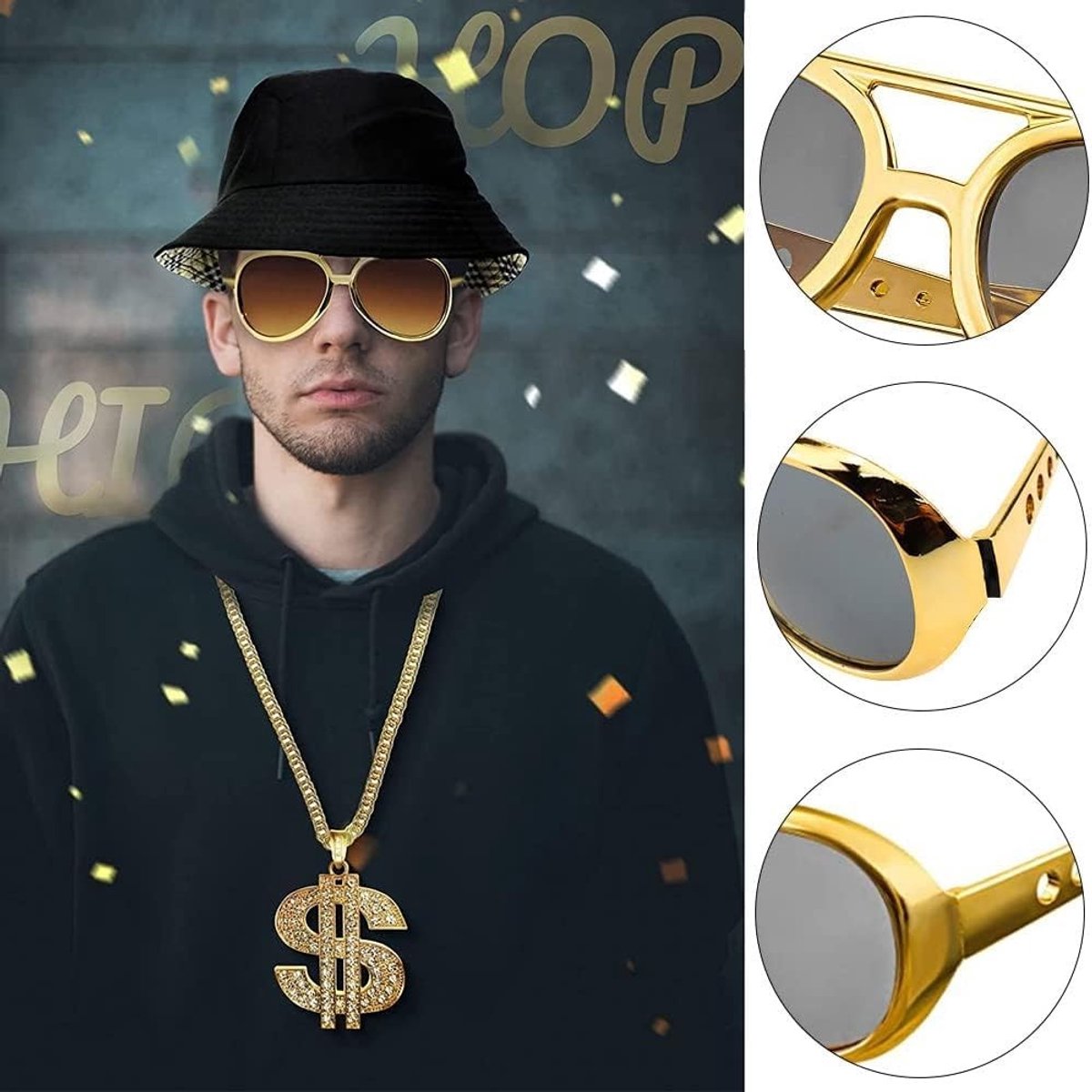 Hip Hop Kostuum Set van 6 met Opblaasbare Radio Boombox, Gouden Pet, Persoonlijke Dollar Ketting, Bril, Armband en Ring, Perfect voor Carnaval en Retro Feestjes