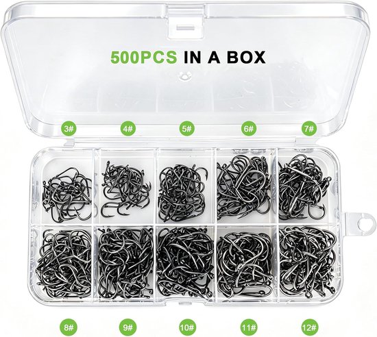 Duurzame Carbon Stalen Vishaak Set met 500 Stuks in 10 Maten - Barbed Haakjes voor Effectieve Visvangst en Gemakkelijke Opslag in Plastic Doos — afbeelding 5