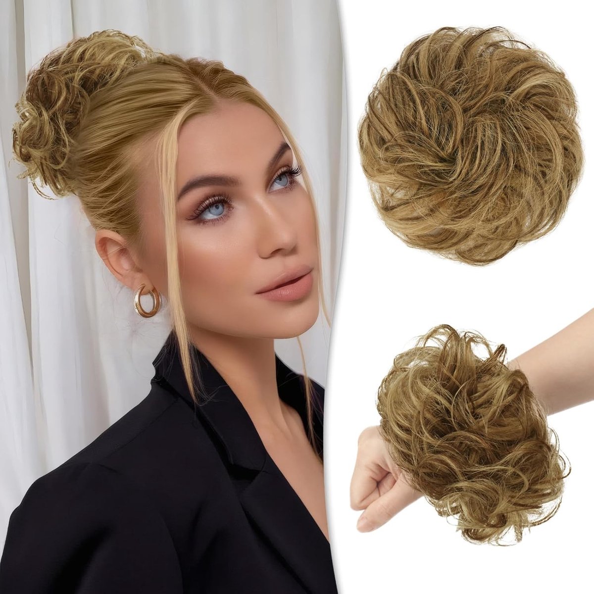 Messy Haarstuk voor Vrouwen van 100% Menselijk Haar - Krullend Rose Bun met Scrunchies en Updo Haaraccessoires (Chocolade Lichtbruin met Lichtgouden Highlights)