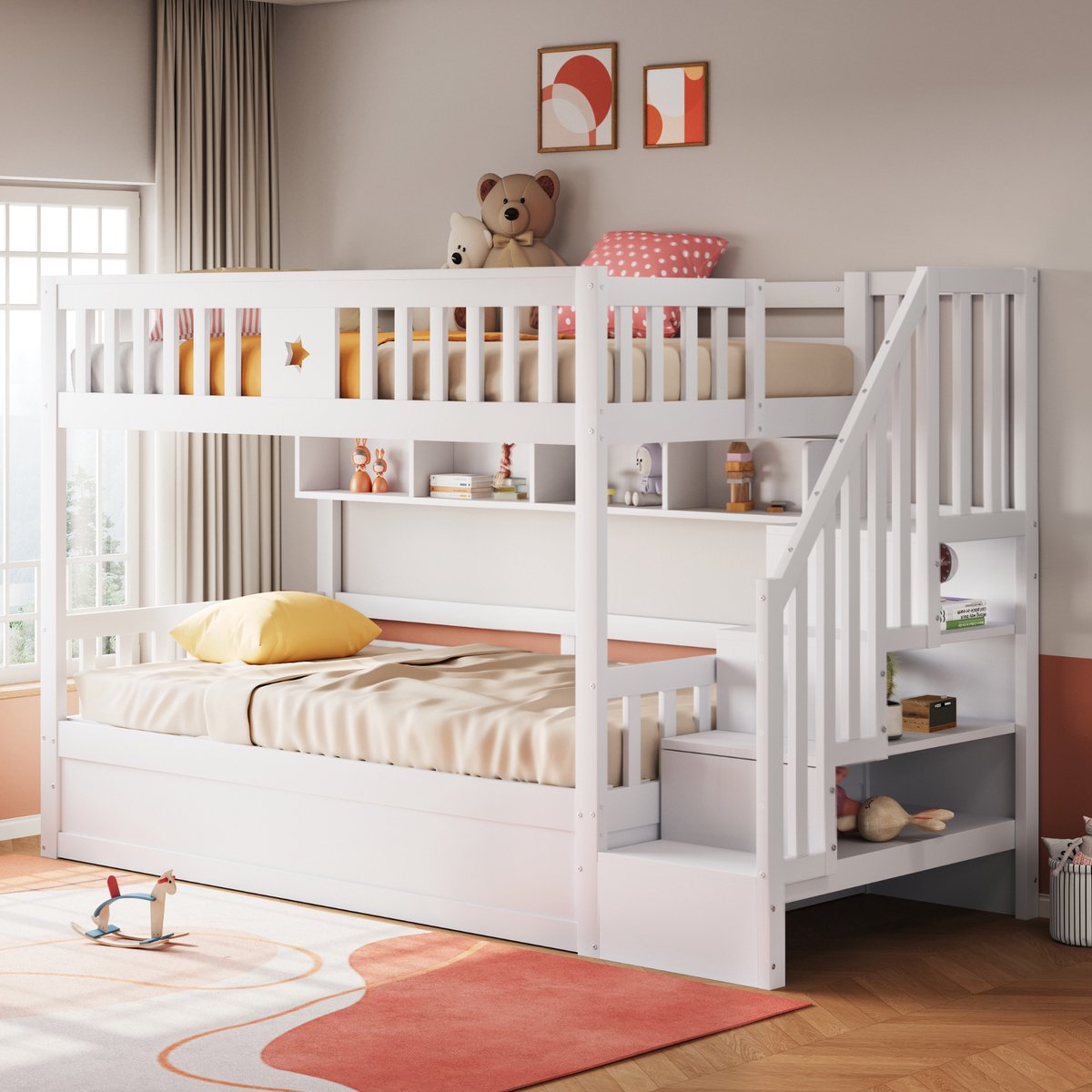 Stapelbed 90x200 cm - Met Opbergruimte - Met Ladder - Met Valbeveiliging - Wit