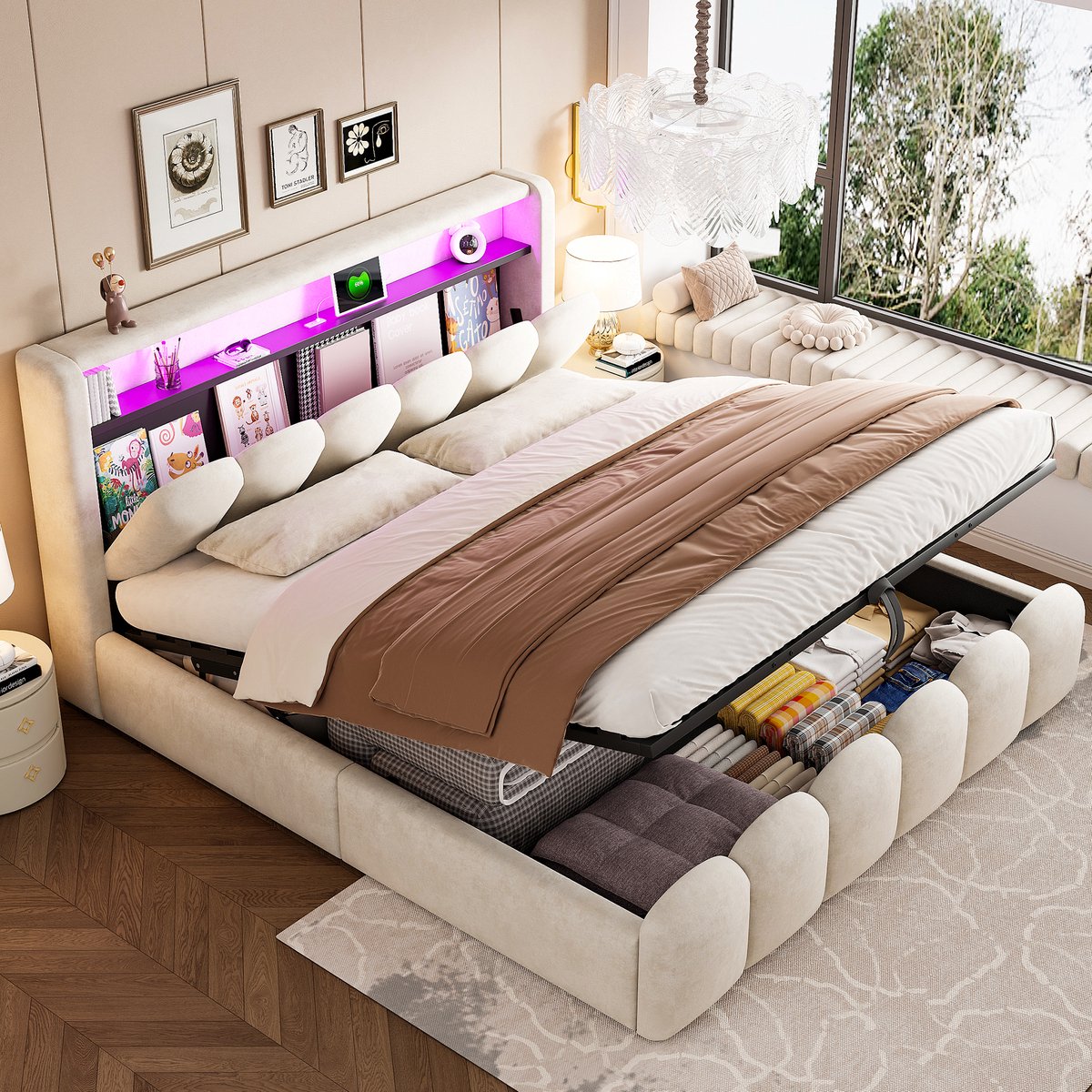 Gepolsterd Kinderbed 180x200 cm - Met Opbergruimte - Met LED-verlichting - Beige