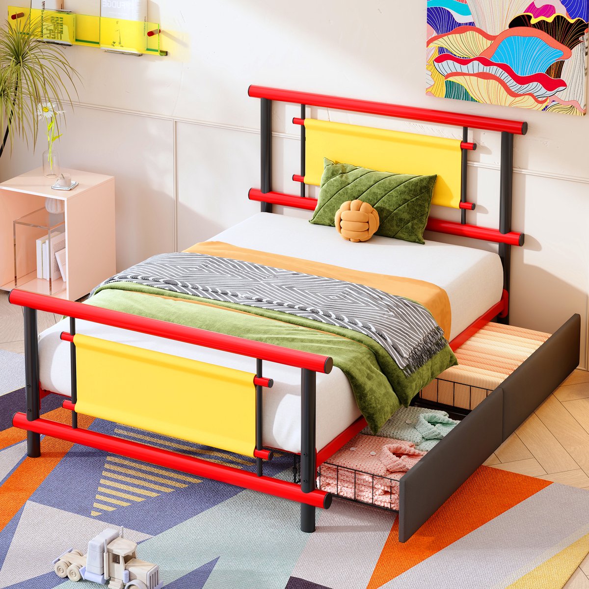 Metalen Kinderbed 90x200 cm - Met Opbergruimte - Met Lades - Rood