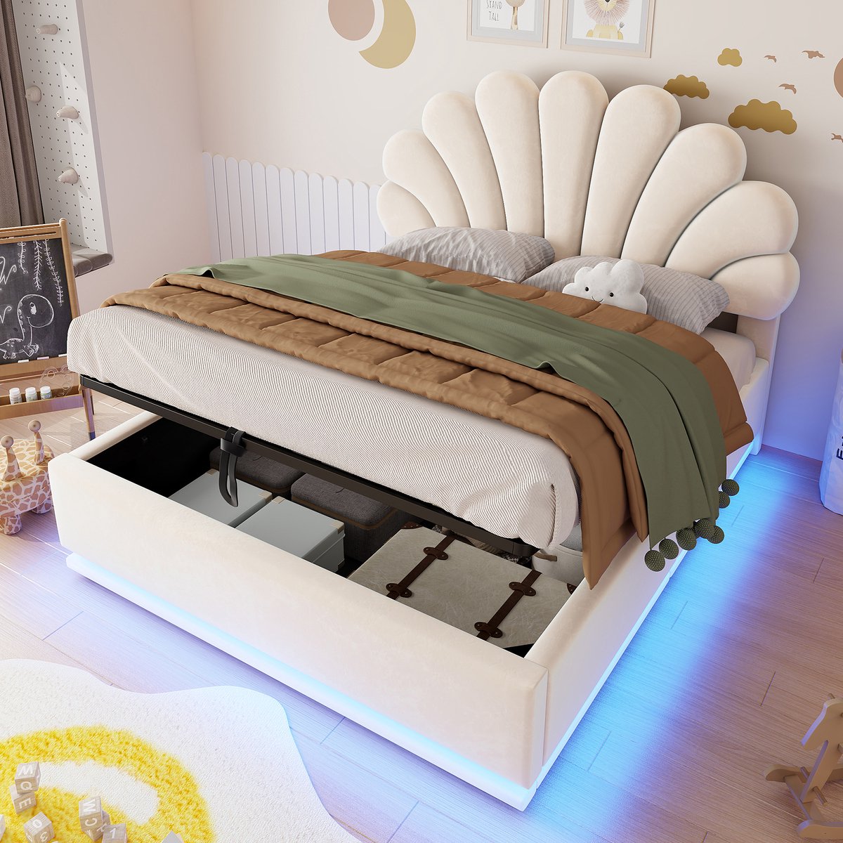 Gepolsterd Bed 140x200 cm - Met Opbergruimte - Met LED-verlichting - Met Hoofdeinde - Beige