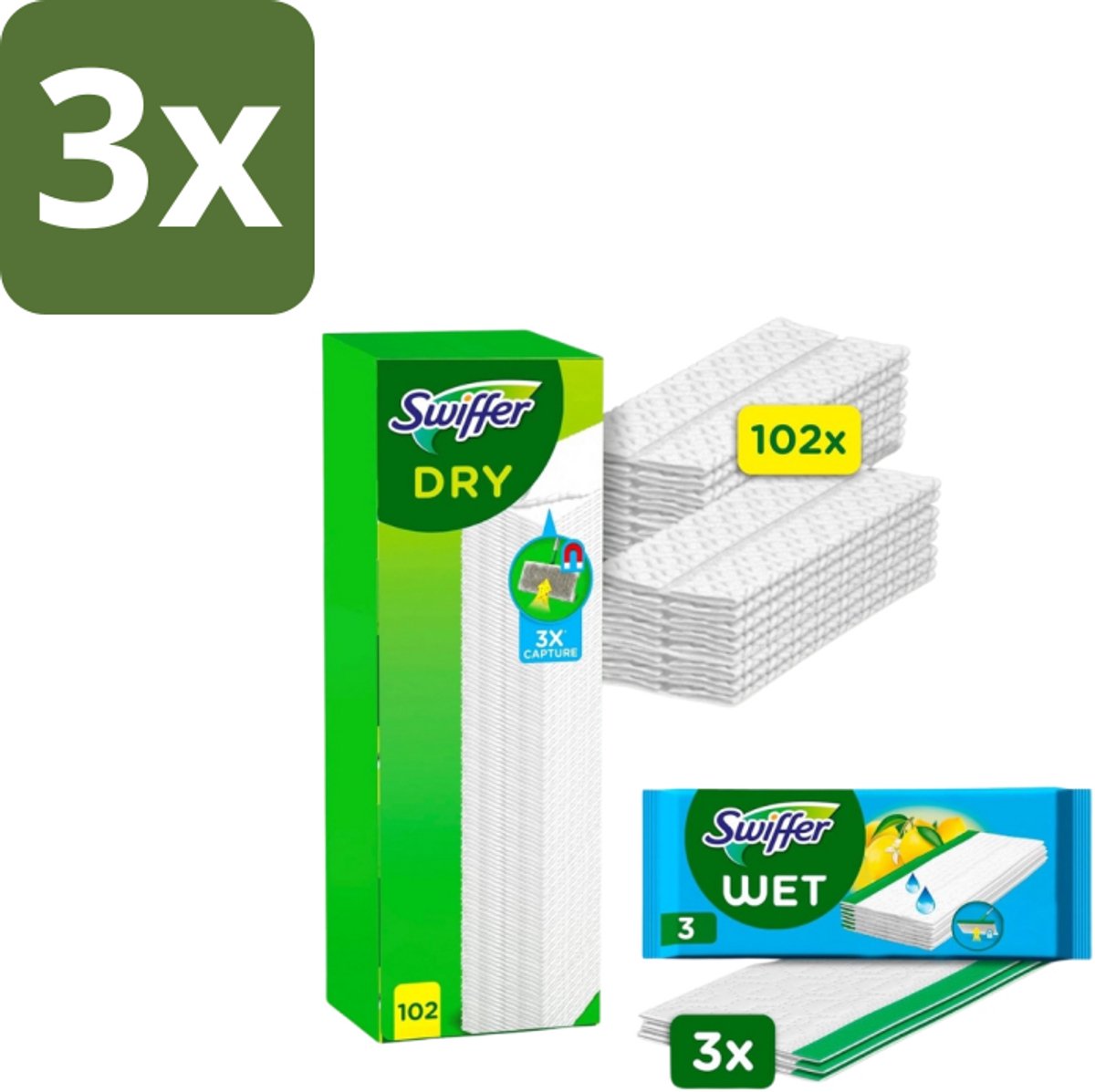 Swiffer – Vloerdoekjes – Dry Navullingen 102 + 3 Vochtige Doekjes - Bulkverpakking - 3 stuks