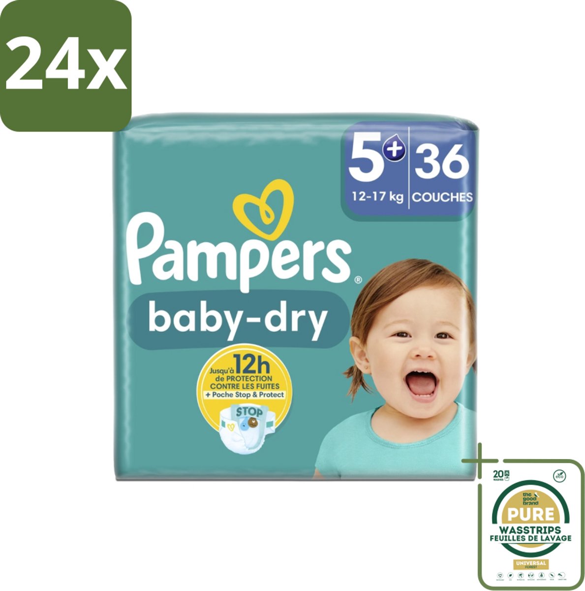 Pampers – Luiers – Baby-Dry Maat 5+ (12-17 kg) – 36 Luiers - Voordeelverpakking - 24 stuks - Droge luiers - Baby droogheid