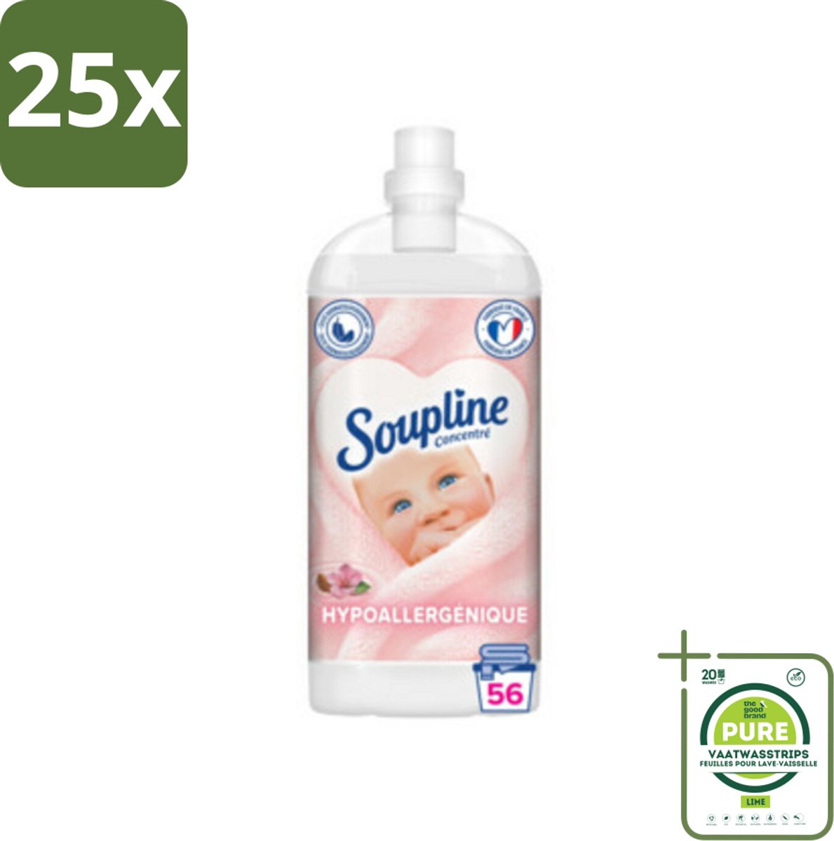 25 x Soupline - Wasverzachter - Hypoallergeen - 56 Wasbeurten - 1350 ml - Grootverpakking - Wasverzachter - Hypoallergeen - Amandelmelk - Wasgoed - Zachtheid