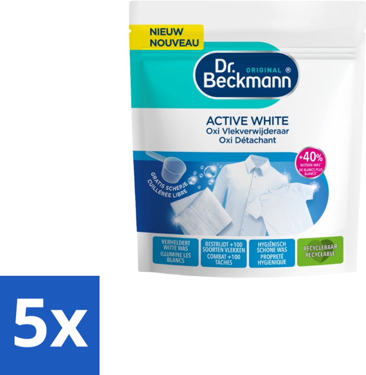 5 x Dr. Beckmann – Active White Oxi – Witte Was Poeder – 400 g - Wasmiddel - Vlekverwijderaar - Witte Was - Vlekken Verwijderen - Wasmachine