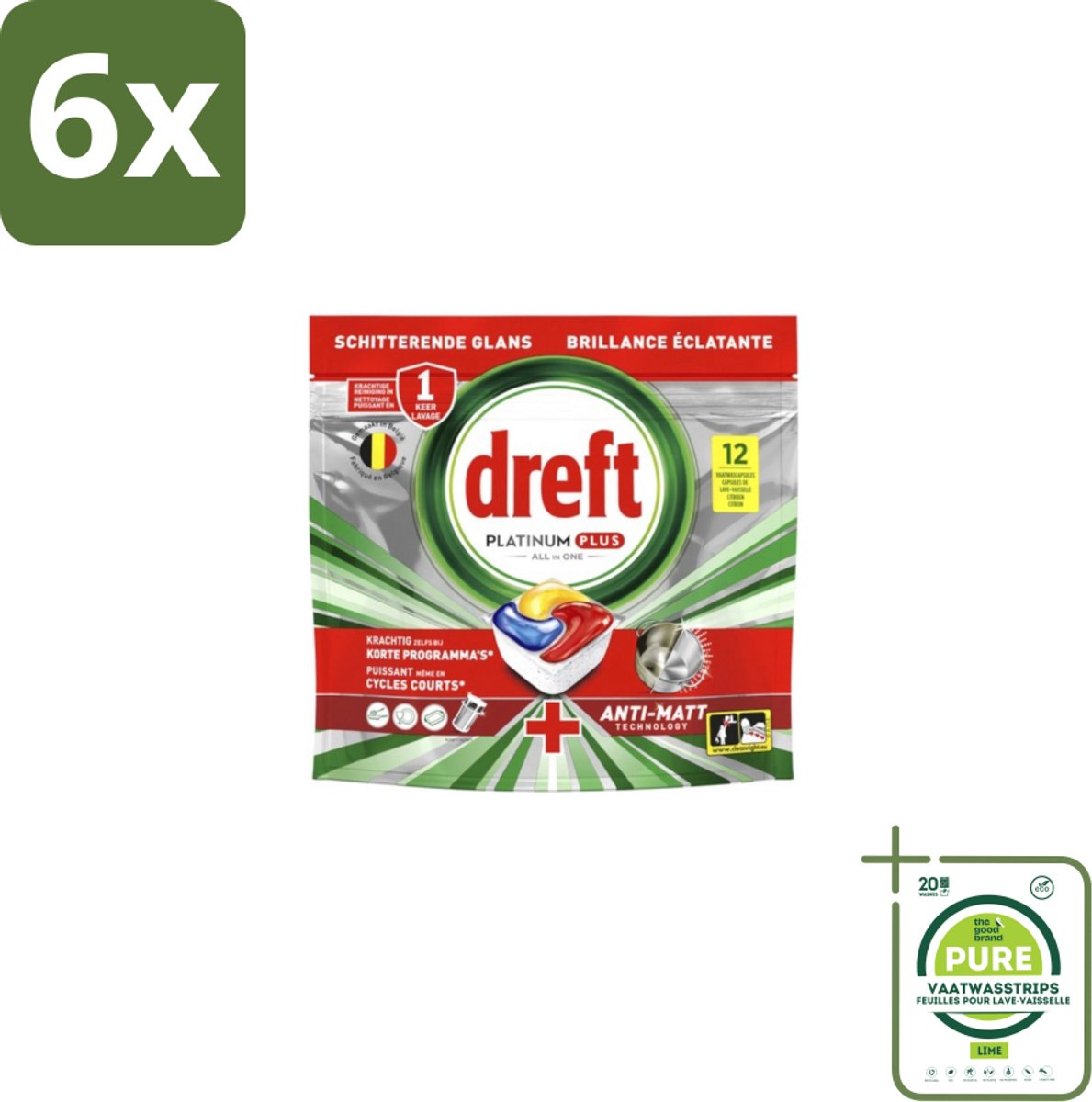 Dreft – Vaatwastabletten – Platinum Plus All-in-One – Lemon – 12 Tabletten - Voordeelverpakking - 6 stuks - Vaatwasmiddelen - Vaatwastabletten