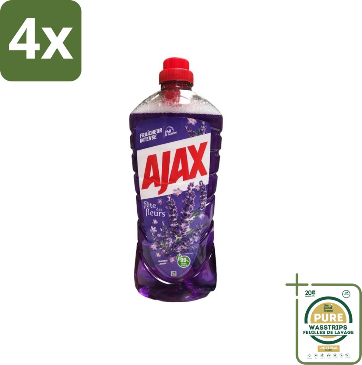 Ajax – Allesreiniger – Lavendel – 1,25 L - Voordeelverpakking - 4 stuks - Vet verwijderen - Frisse geur