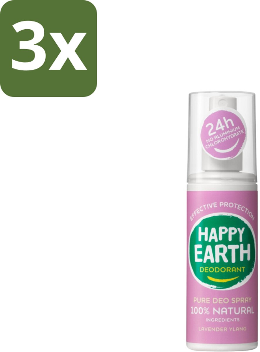 Happy Earth – Deodorant Spray – 100% Natuurlijk Lavender Ylang – 100 ml - Bulkverpakking - 3 stuks