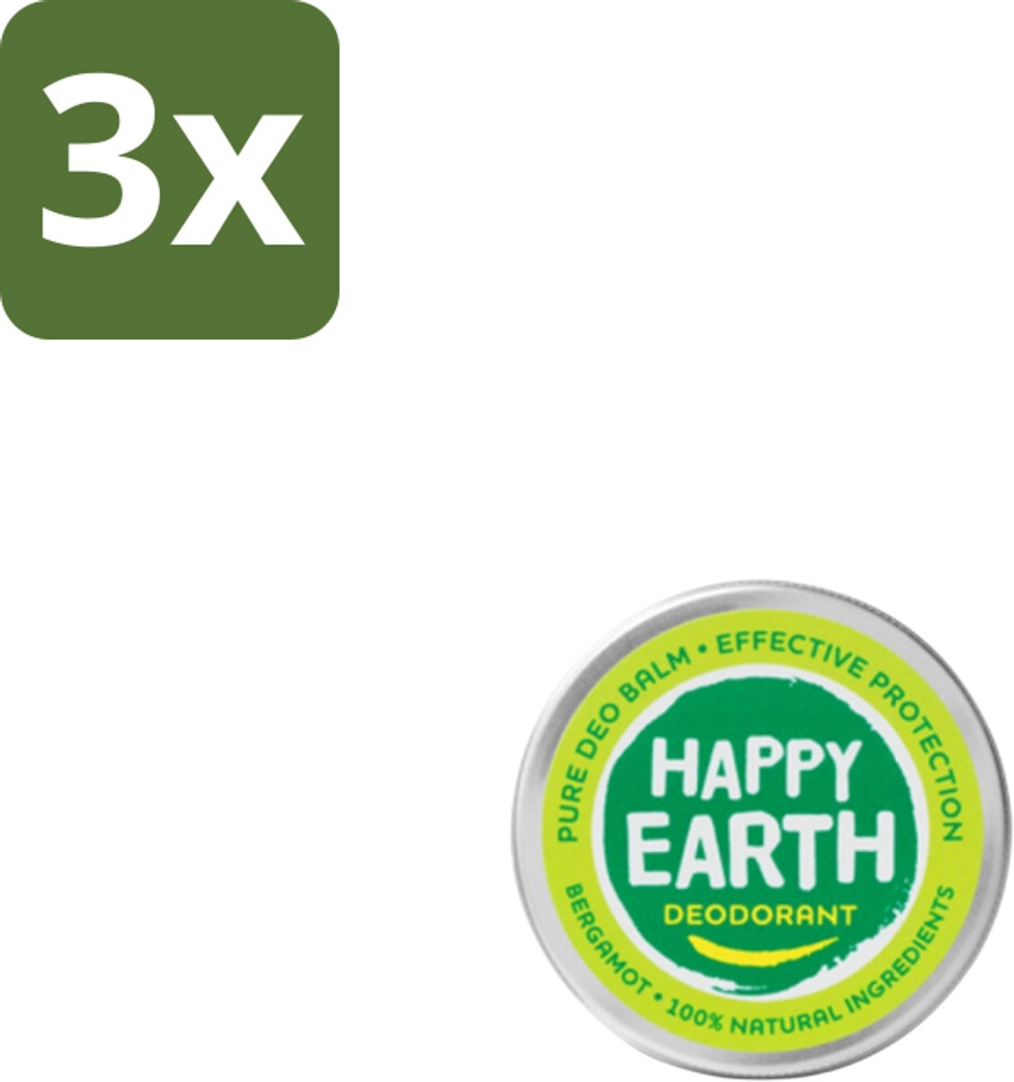 Happy Earth – Deodorant Balm – 100% Natuurlijk Bergamot – 45 g - Bulkverpakking - 3 stuks