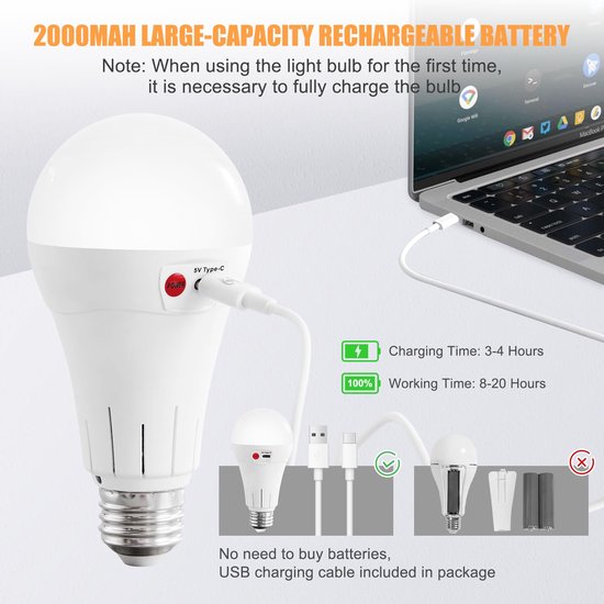Oplaadbare lamp 2 stuks - E27 oplaadbare lamp met afstandsbediening - 7w 2000mah dimbare lamp - Oplaadbare lampen voor binnen - Oplaadbare campinglamp - Werkt bij stroomuitval — afbeelding 2