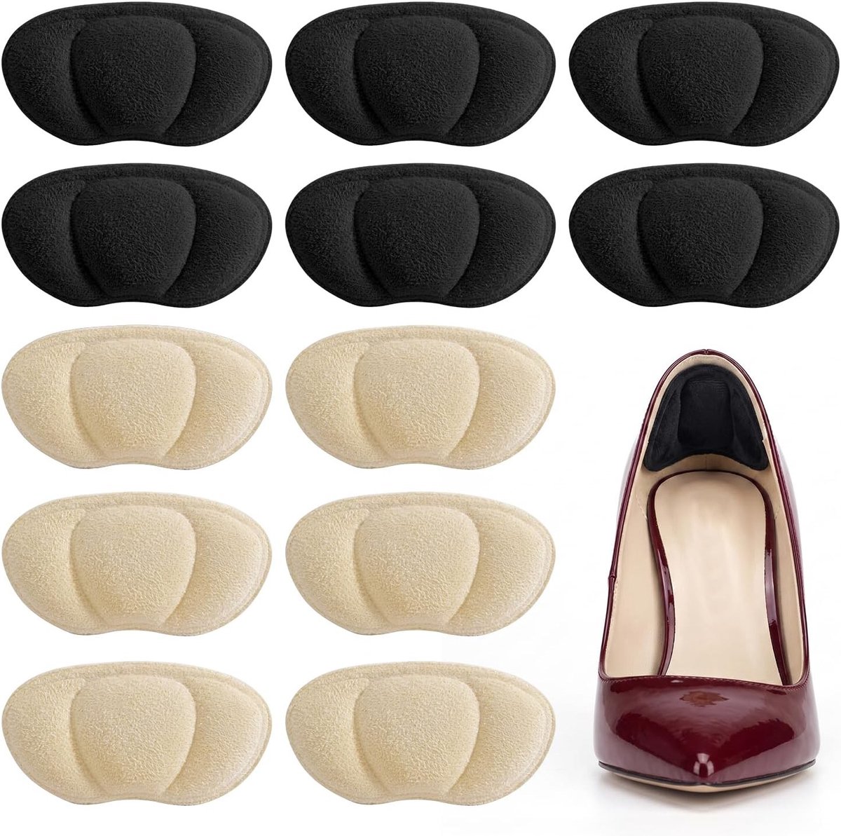 Zachte Sponzen Hielpads in Zwart en Beige - 6 Paar Hielbeschermers voor Voorkomen van Slip en Blaren - Comfortabele Inlegzolen voor Schoenen