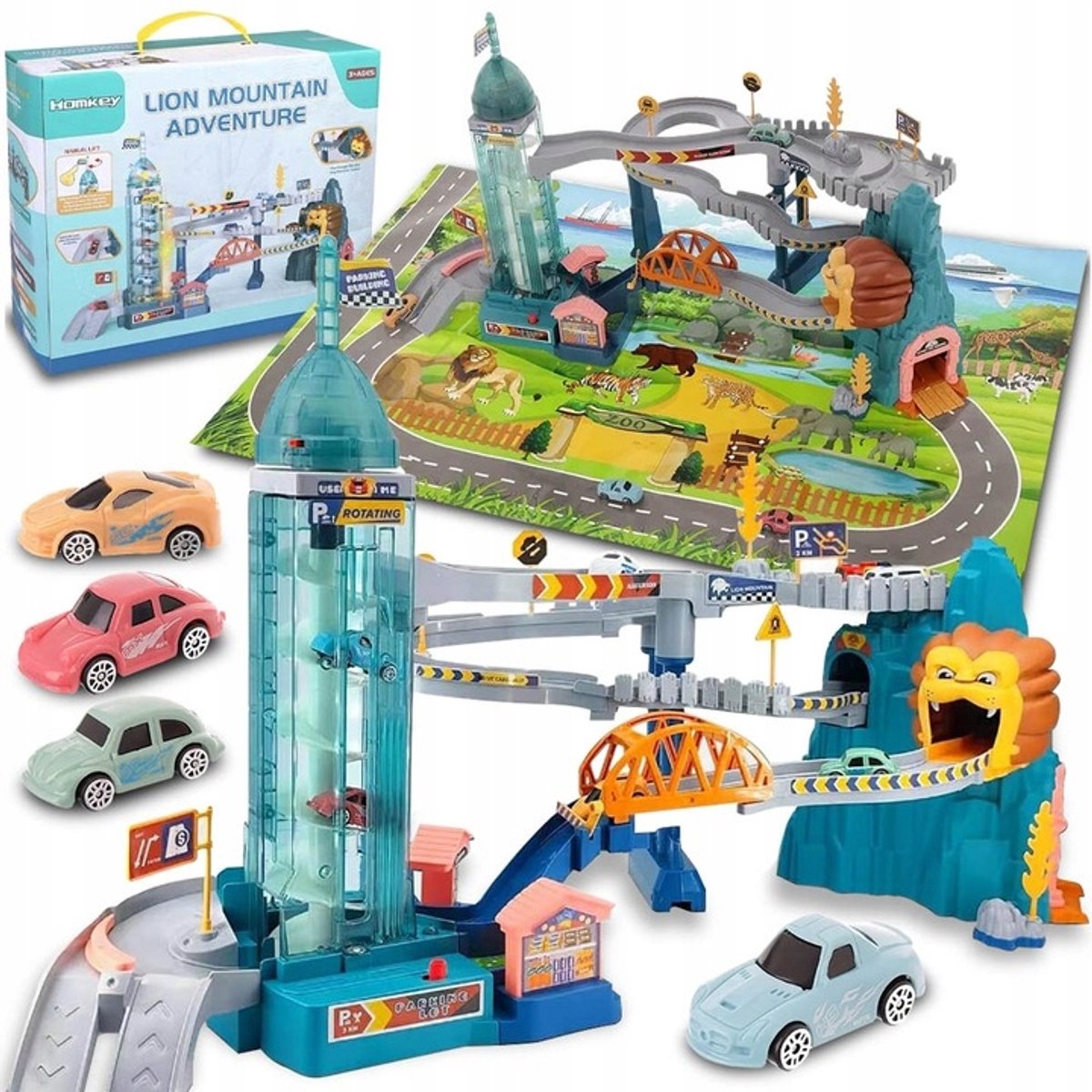 Interactieve Autobaan Speelset met 4 Auto's, Lift & Leeuwengrot