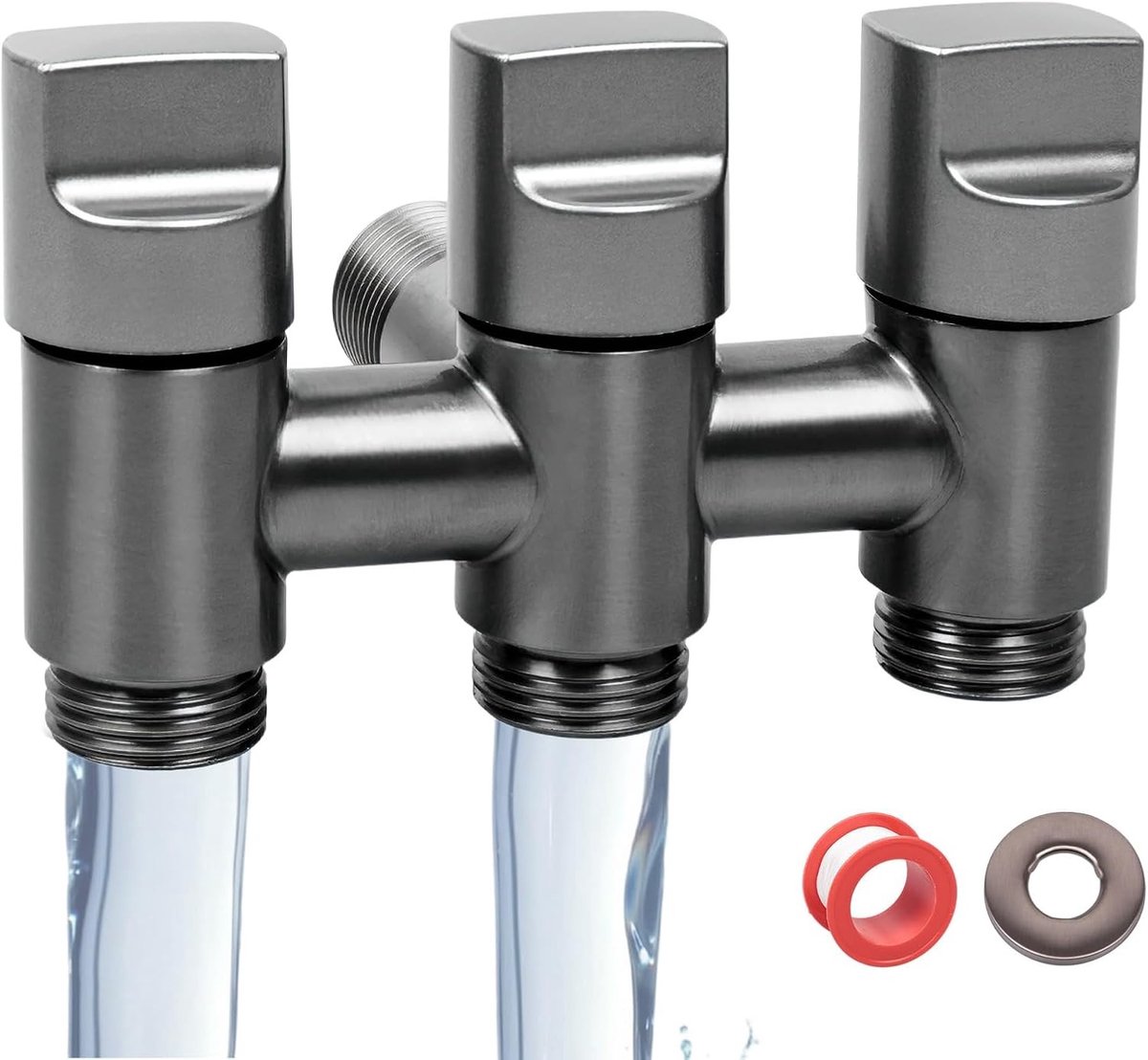 Drie-weg waterafsluiter met 1/2 inch schroefverbinding, duurzame en flexibele waterinlaat voor wasmachines en vaatwassers, ideaal voor efficiënt waterbeheer en eenvoudig onderhoud