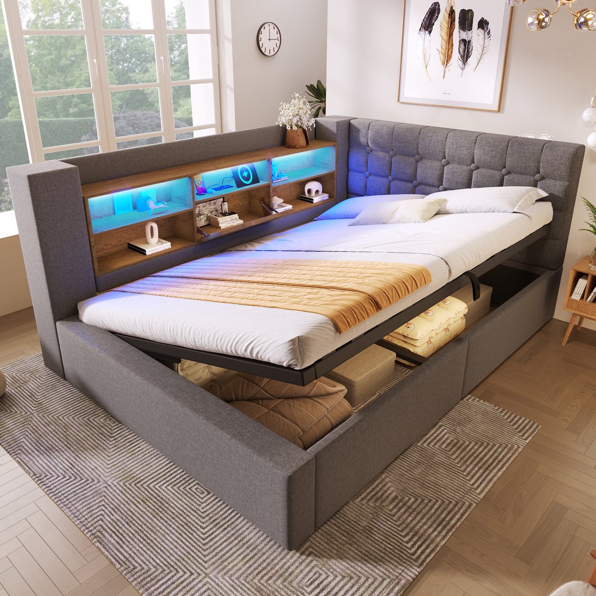 Gestoffeerd bed 140x190 cm - LED en hydraulische opbergruimte - 2 personen - Grijs - L-vormig hoofdeinde met opbergvak - Oplaadpoorten - Incl. lattenbodem