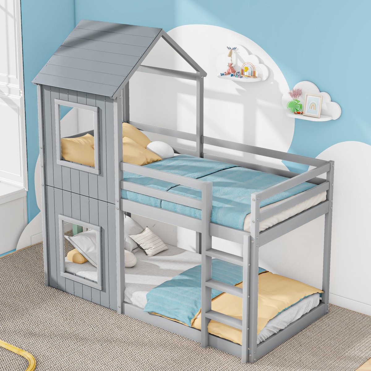 Huisbed stapelbed met ladder en baldakijn - 2x 90x200 cm - Grijs - Bodemdiep en veilig met reling - Stevig massief grenenhouten frame
