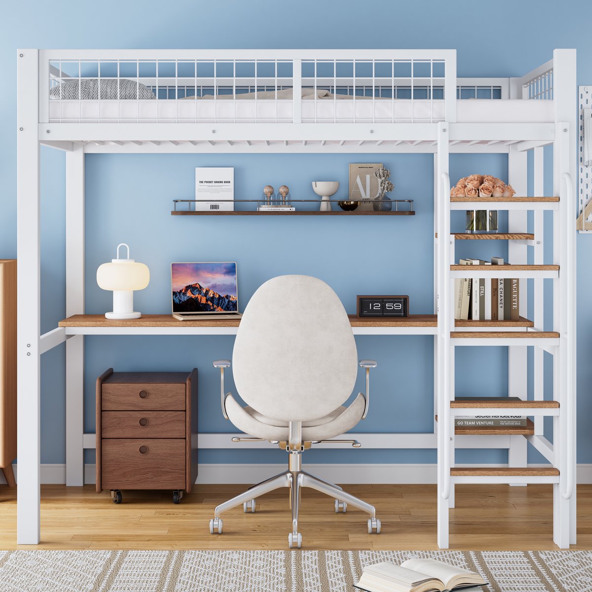 Metalen stapelbed met bureau, planken en 5-tredige ladder - voor kinderkamer en tienerkamer - 90x200 cm - wit+natuur - valbeveiliging en opbergruimte - EN 747 gecertificeerd - stevig ijzeren frame